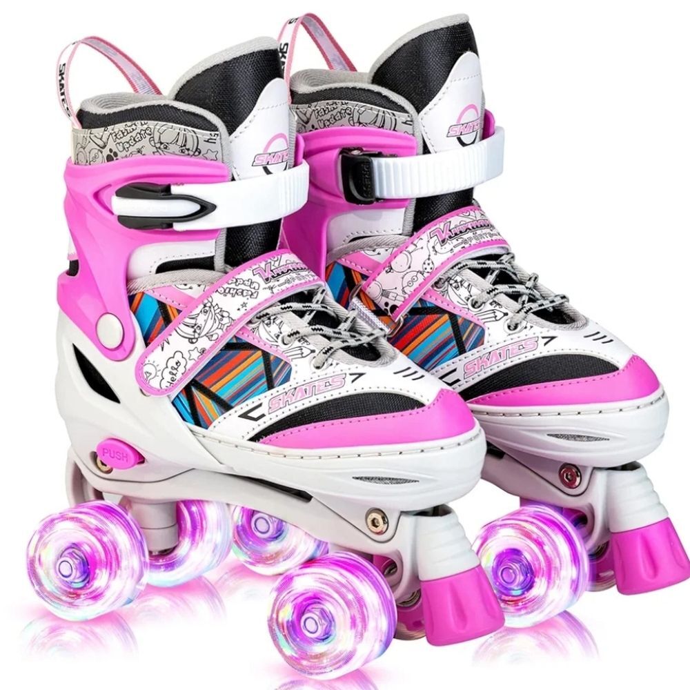 Kuxuan Kids LED Adjustable Doodle Design Roller Skates, Pink White, 10C-13C